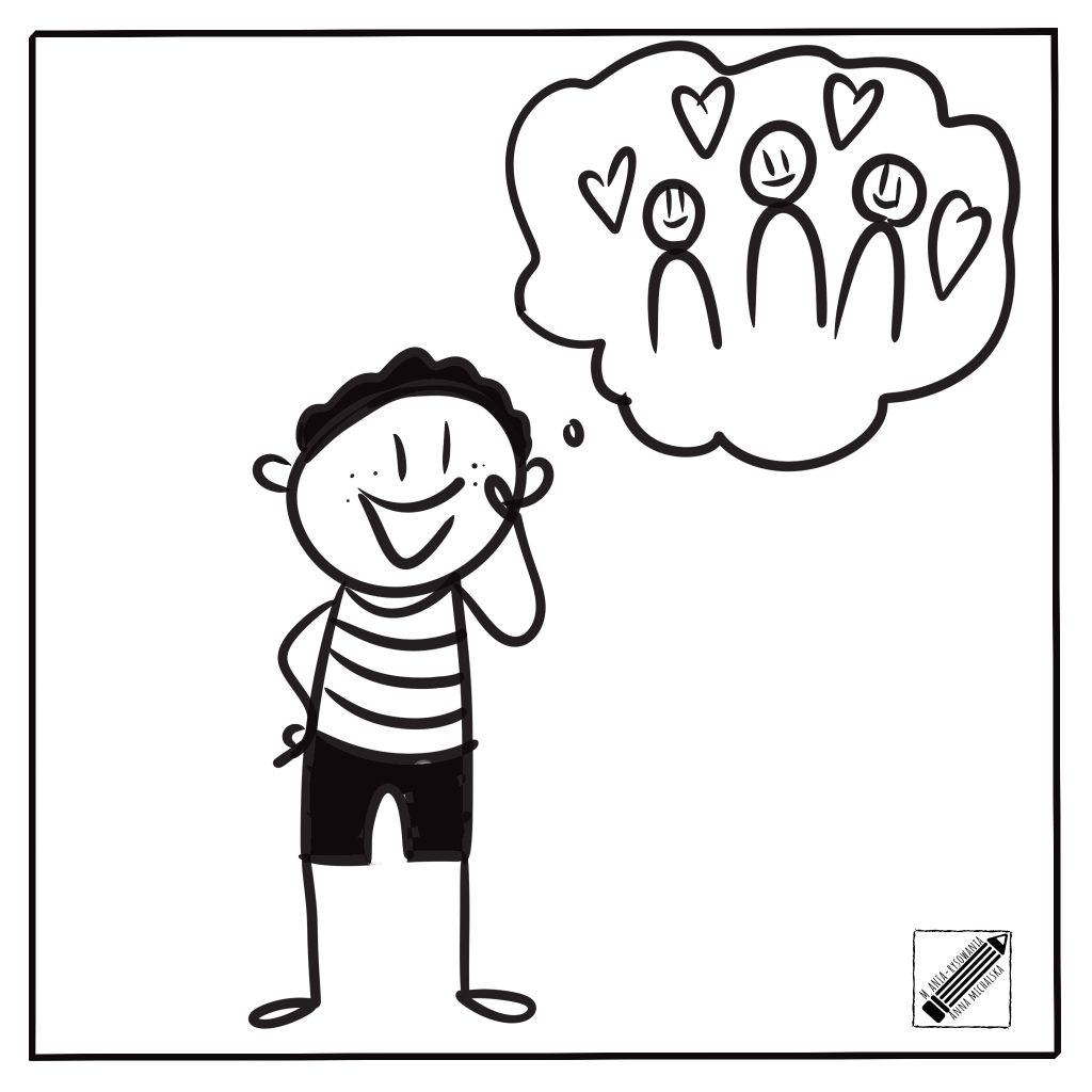 Ludzik w dymku  myśli kogo lubi - narysowane sa ludziki i serduszka