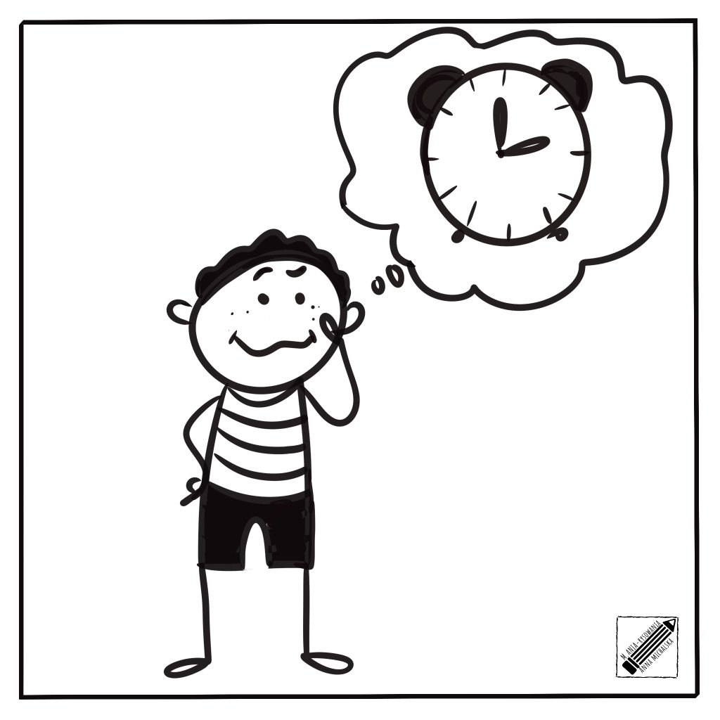 Ludzik zastanawia sie czy to odpowiedni moment , w dymku mysli jest narysowany zegar